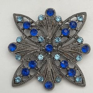 Light Blue Dark Blue Rhinestone Floral Brooch Silver